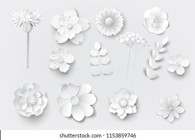 Paper art flowers isolated element. For design cards, brochures, background. Set - vector stock.