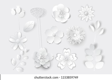 Paper art flowers isolated element. For design cards, brochures, background. Set - vector stock.