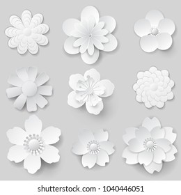 Paper Art Flowers Isolated. Set - Vector Stock.