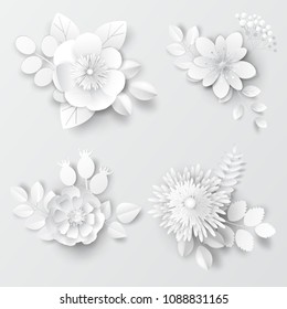 Paper art flowers. Set - vector stock.