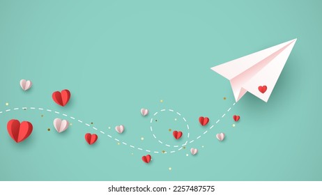 Paper Art of flying paper airplane and hearts decorative on pastel colors. Creative vector design for Women's, Mother's, Valentine's Day and Birthday greeting card template