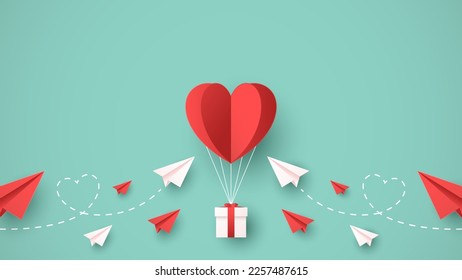 Paper Art of flying heart on gift box with paper airplane decorative on pastel colors. Creative vector design for Women's, Mother's, Valentine's Day and Birthday greeting card template