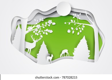 Paper art forest landscape. Vector stock.