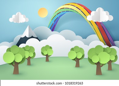 Paper art of forest and rainbow, world sustainable environment friendly idea, vector art and illustration.