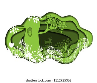 Paper art with forest. Vector plants and deer