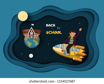 Paper art in the form of a boy flying on a rocket back to school. Vector illustration.
