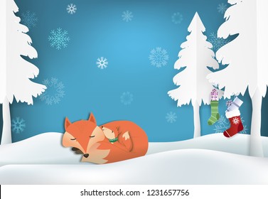 Paper art of Fox's family and snowflake illustration, Christmas season winter holiday paper craft background.