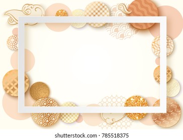 Paper art frame with japan wave pattern, brochure, business card template or background in trendy oriental geometric style, chinese eastern ornament, trendy vector fashion invitation, gift card