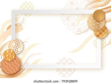 Marco artístico en papel con motivos ondulados japoneses, folleto, plantilla de tarjeta de visita o fondo de estilo geométrico oriental moderno, adorno oriental japonés, invitación de moda vectorial de moda, tarjeta de regalo