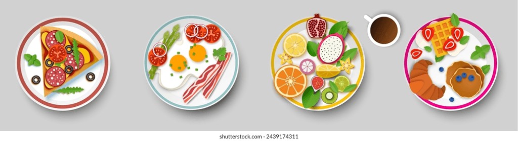 Paper art fresh breakfast dish served on ceramic plate set. Pizza, fried eggs with bacon, fruits salad, sweet pancakes with croissant and coffee portion vector illustration