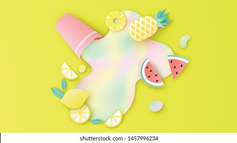 Paper art of fruit slice and mixed fruit juice in summer splash out from the glass. paper cut and craft style. vector, illustration.