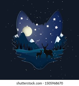Paper art of full moon autumn with wolf head silhouette at night. copy space background. Winter season forest with mountains.