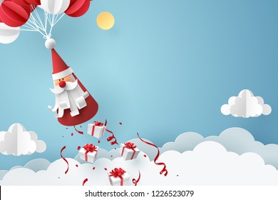 Paper art of Gift box dropping from Santa Claus, merry Christmas and happy new year celebration concept, vector art and illustration.