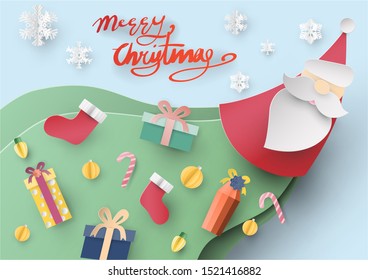 Paper art of Gift box dropping from Santa Claus, merry Christmas, vector art and illustration.