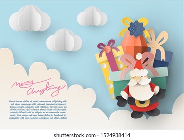Paper art of Gift box dropping from Santa Claus, merry Christmas, vector art and illustration.