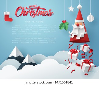 Paper art of Gift boxes dropping from Santa Claus, merry Christmas and happy new year celebration concept, vector art and illustration.