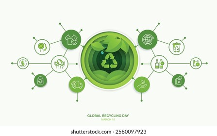 Paper art of global recycling day with icons, recycling in environmental sustainability, recycling symbol, bins, plastic bottles, protect the environment, reducing waste. vector design.