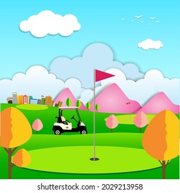 paper art golf course with airplane flying background. vector illustration.

