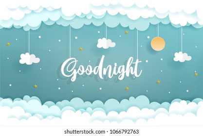 Paper Art With Goodnight Concept With Cloud And Star, Vector Illustration.