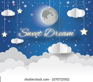 Paper art of Goodnight and sweet dream, night and origami mobile concept, vector art and illustration.