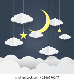 Paper Art Of Goodnight And Sweet Dream, Night And Origami Mobile Concept, Vector Art And Illustration.