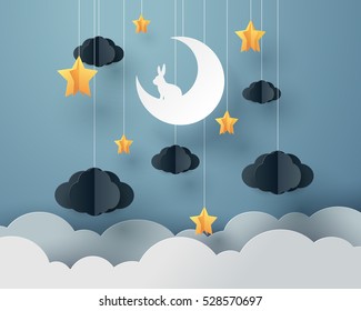 Paper art of Goodnight and sweet dream, night and origami mobile concept, vector art and illustration.