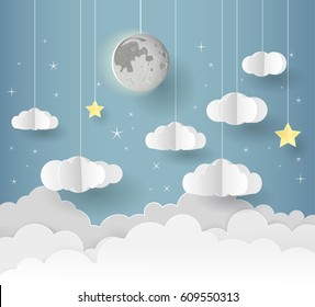 Paper art of Goodnight and sweet dream, night and origami mobile concept, vector art and illustration. Paper style.