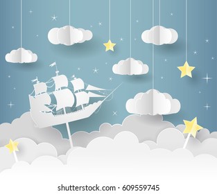 Paper art of Goodnight and sweet dream, night and origami mobile concept, vector art and illustration. The frigates float under the cloud.