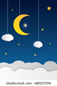 Paper Art Of Goodnight And Sweet Dream, Night And Origami Mobile Concept, Vector Art And Illustration.