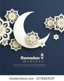 Paper art graphic of islamic crescent moon realistic design. Islamic decoration. Ramadan Mubarak - social memdia template