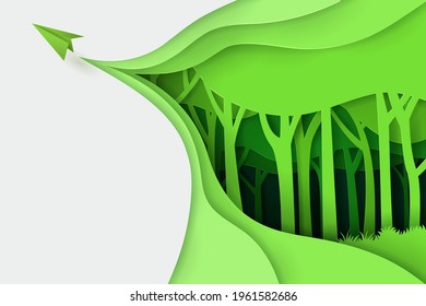 Paper art of green paper airplane flying with green eco forest. eps 10 vector.