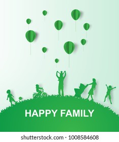 Paper art of Green background happy family having fun playing in the field.vector illustration