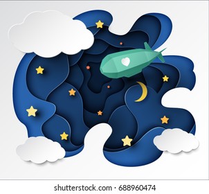 Paper art with a green dirigible flying in the night sky, in white clouds on a background. Origami, Birthday, valentine's day concept, vector art and illustration.