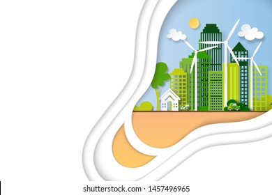 Paper art of green eco city and renewable energy for sustainable resource in light bulb shape of paper layers background template vector illustration.