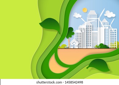 Paper art of green eco city and renewable energy for sustainable resource in light bulb shape of green paper layers background template vector illustration.