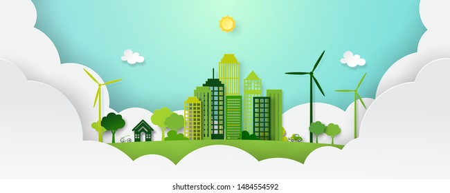 Paper art of green eco city and nature landscape in paper layers background template vector illustration.