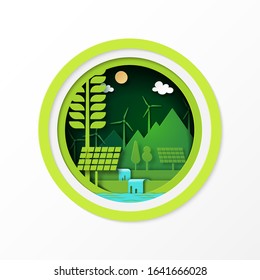 Paper art of green ecology and clean energy for sustainable resources conservation environment concept.Vector illustration.