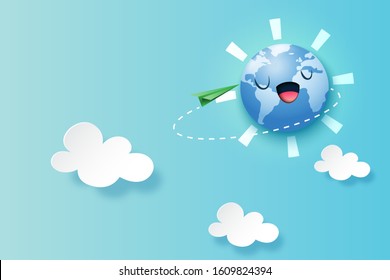 Paper art of green ecology and environment landing page website template background.