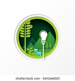 Paper art of green ecology and save energy for sustainable resources conservation environment concept.Vector illustration.
