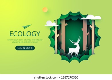 Paper art of green ecology.Protection wildlife and nature for environment conservation concept landing page website template background.Vector illustration.