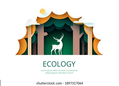 Arte de papel de la ecología verde.Protección de la fauna y la naturaleza para el fondo de la plantilla de concepto de conservación del medio ambiente.Ilustración vectorial.