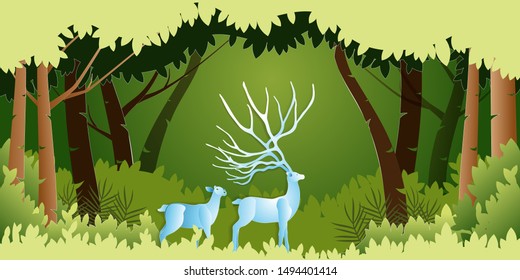 Paper art of green forest and deers wildlife, ECO friendly and environment conservation concept, Flat and digital craft style vector illustration.