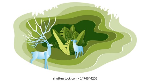 Paper art of green forest and deers wildlife, ECO friendly and environment conservation concept, Flat and digital craft style vector illustration.