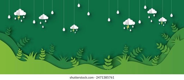 Paper art of Green grass lawn and Rainy hanging down. Rainforest. Rainy Season. paper cut and craft style. vector, illustration.