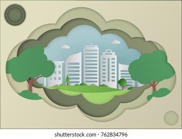 Paper art of green grass and park on urban city. origami concept and ecology idea.