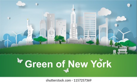 paper art of green landmarks of New York City, America,vector