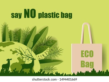 Paper Art Green Leaves Eco Bag Stock Vector (Royalty Free) 1494191927 ...