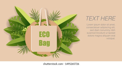 Paper art of green leaves and ECO bag with text, ECO friendly and environment conservation concept, Flat and digital craft style vector illustration.