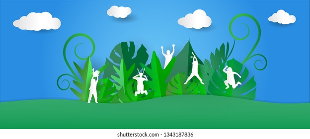Paper art green leaves pattern with abstract blue sky and happy family and friends jumping