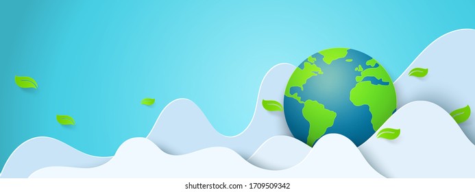 Paper art of green nature and world environment day concept background template.